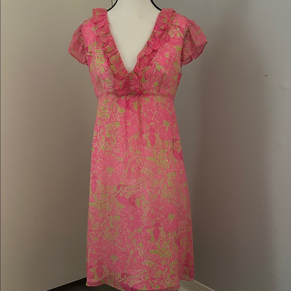 Lilly Pulitzer Pink and Green Floral Midi Dress, Size 4.